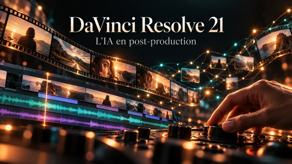 Illustration DaVinci Resolve 21 : interface de montage vidéo, pellicule et console de contrôle.